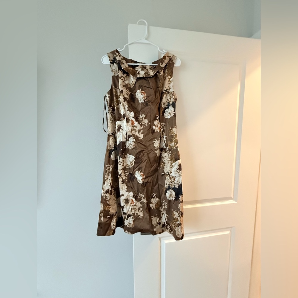 Talbots Brown Floral Satin Cocktail Dress Size 12 Sleeveless Cowl Neck❤️ - Picture 4 of 9